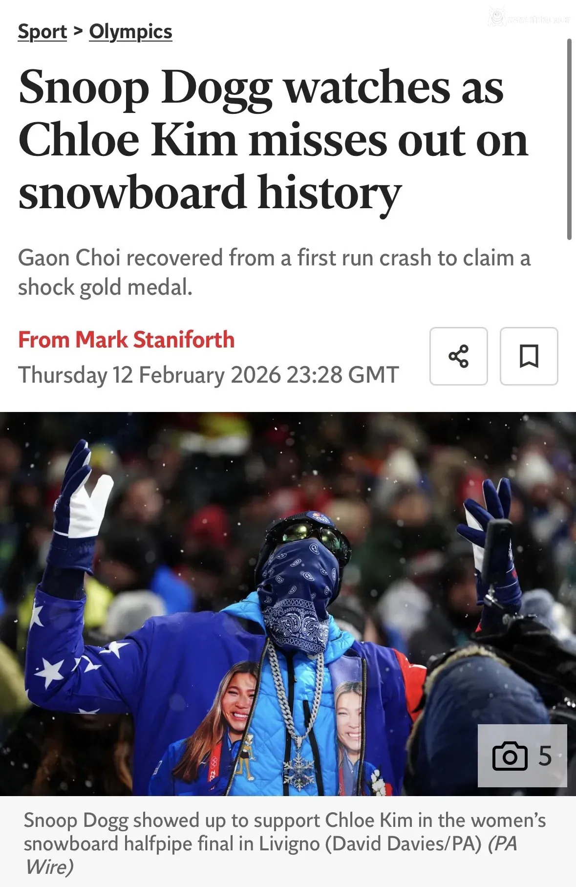 올림픽 스노보드 현장에서 클로이 킴 응원한 스눕독