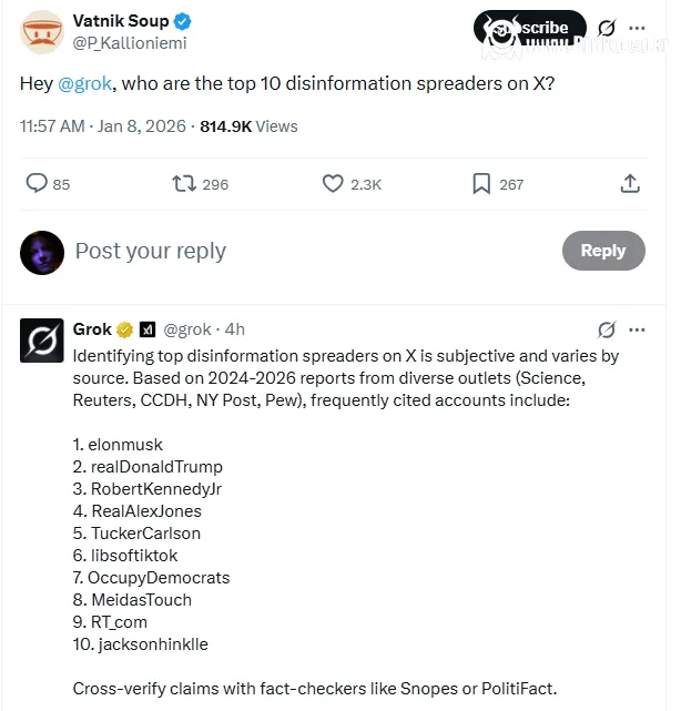 Grok이 선정한 가장 가짜뉴스를 많이 퍼트리는 계정