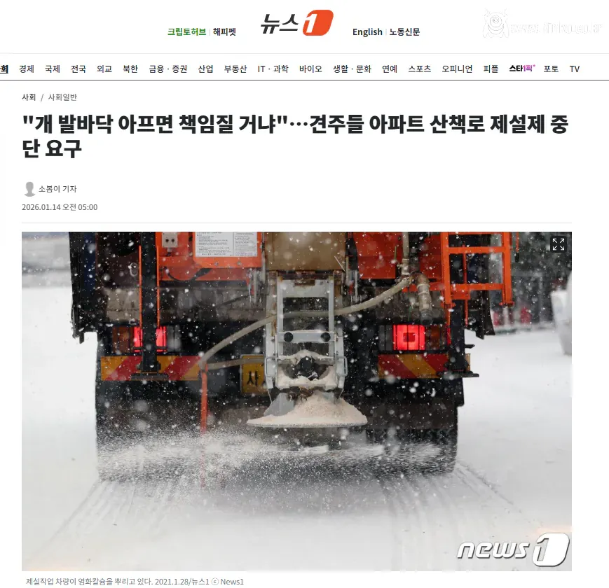 견주들 아파트 산책로 제설제 중단 요구