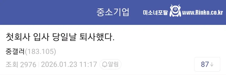 회사가 좆같아서 입사 첫날 퇴사해버렸다는 중소기업갤러