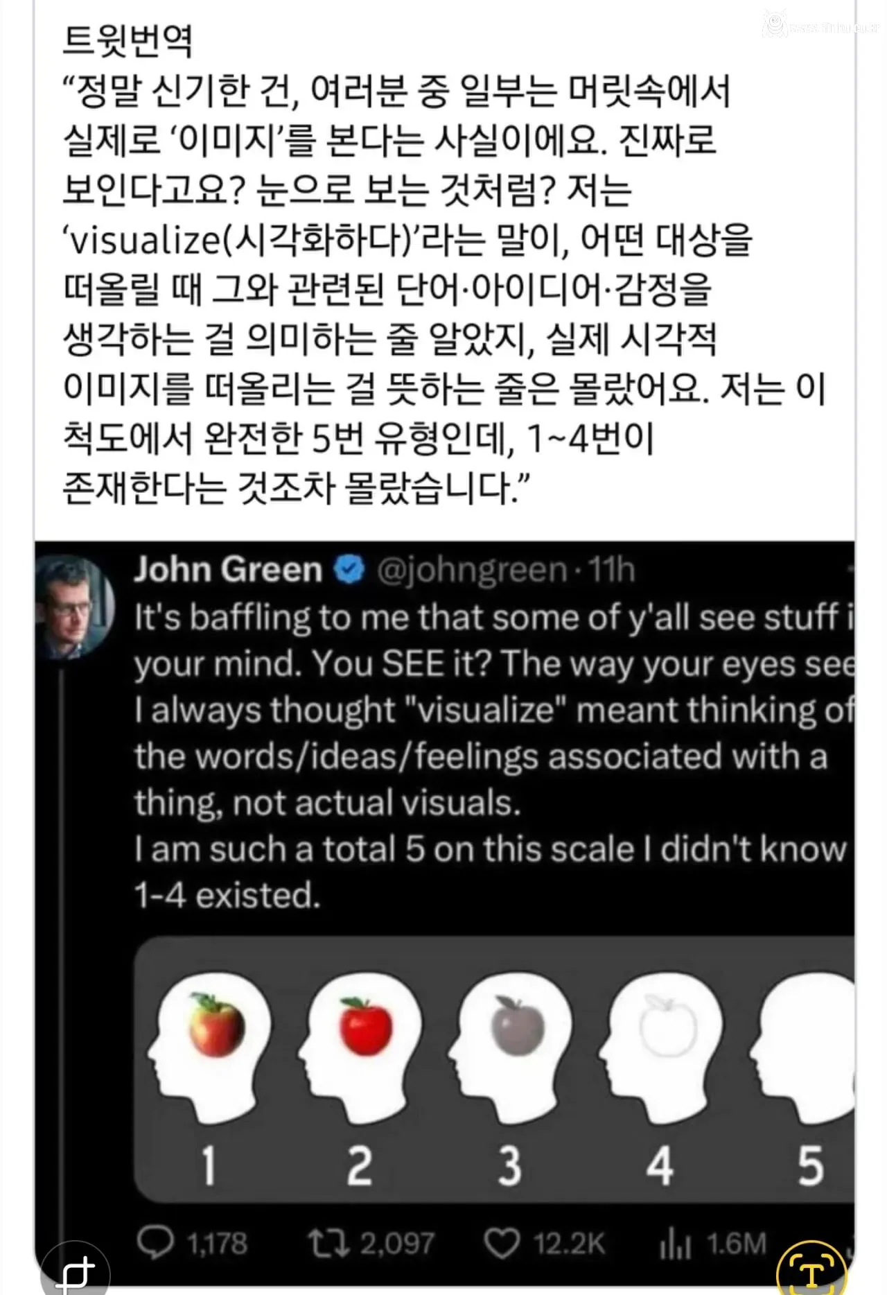 인류의 10퍼센트는 떠올리는 것이 "보이지" 않는다