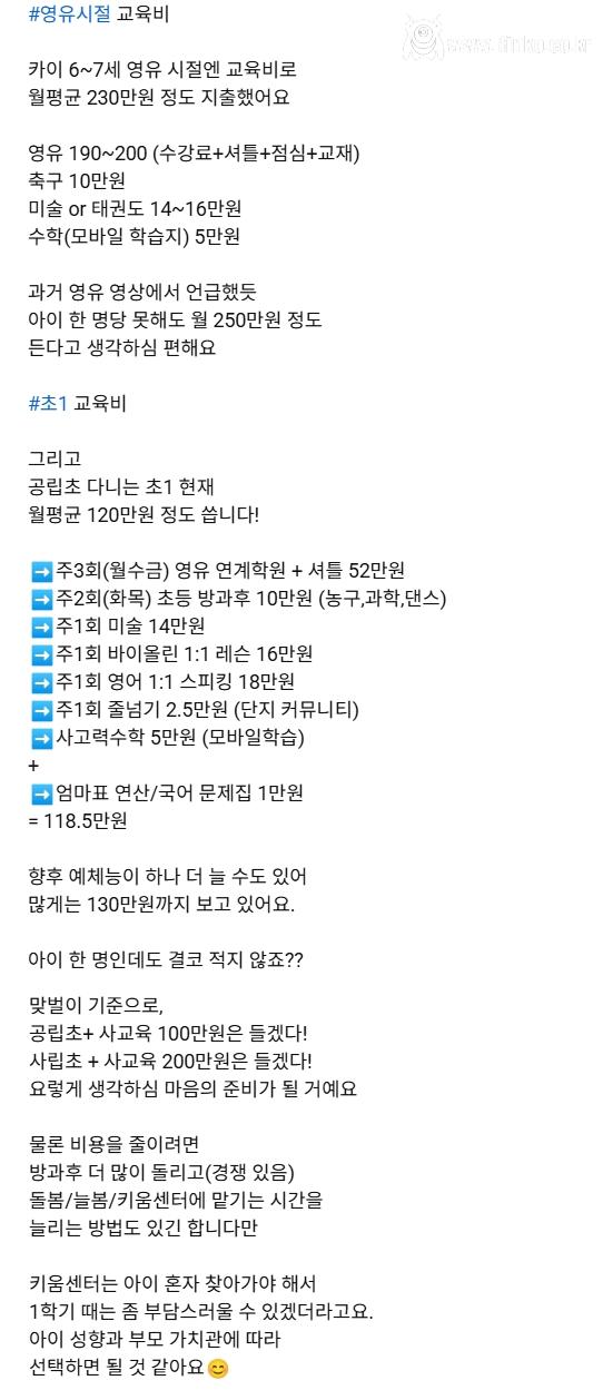 요즘 유치원 교육비 월 230, 초1 교육비 월 120만원