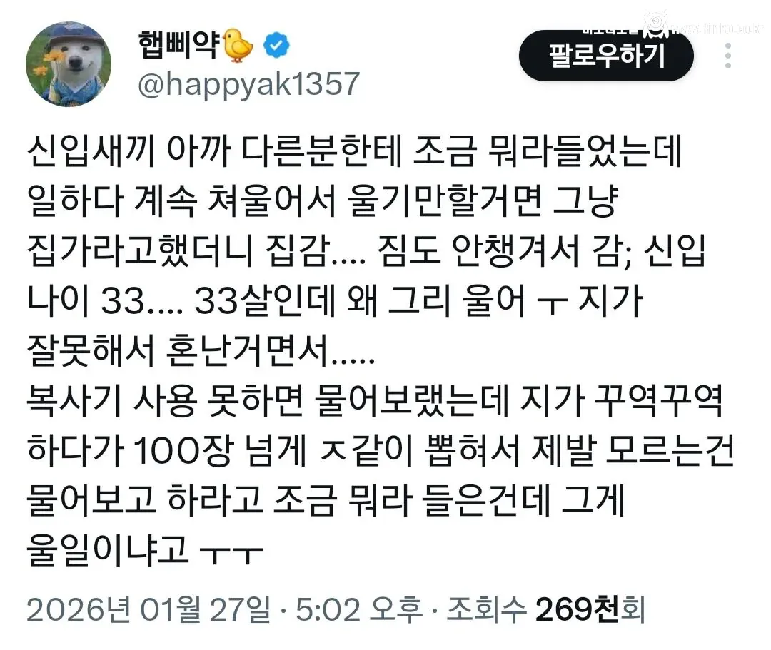 33살 신입 울다가 집감