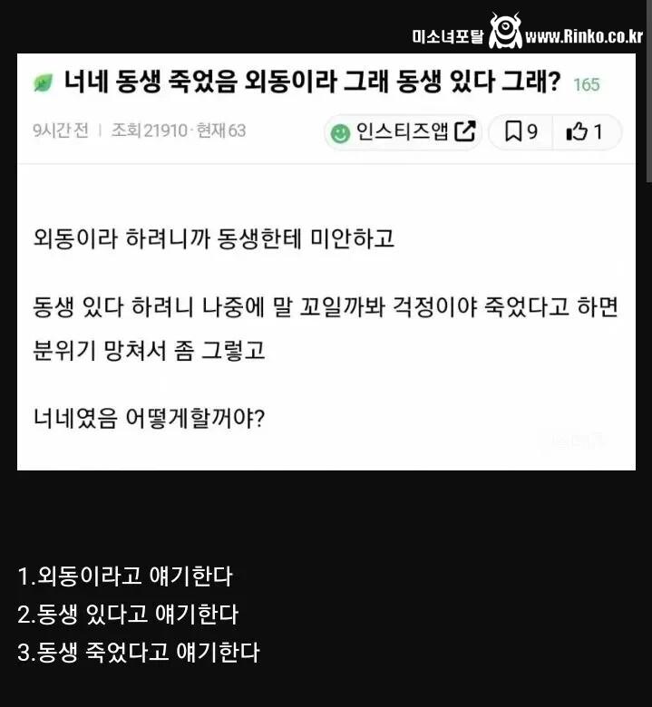 동생 죽었음 외동이라 그래, 동생 있다 그래?
