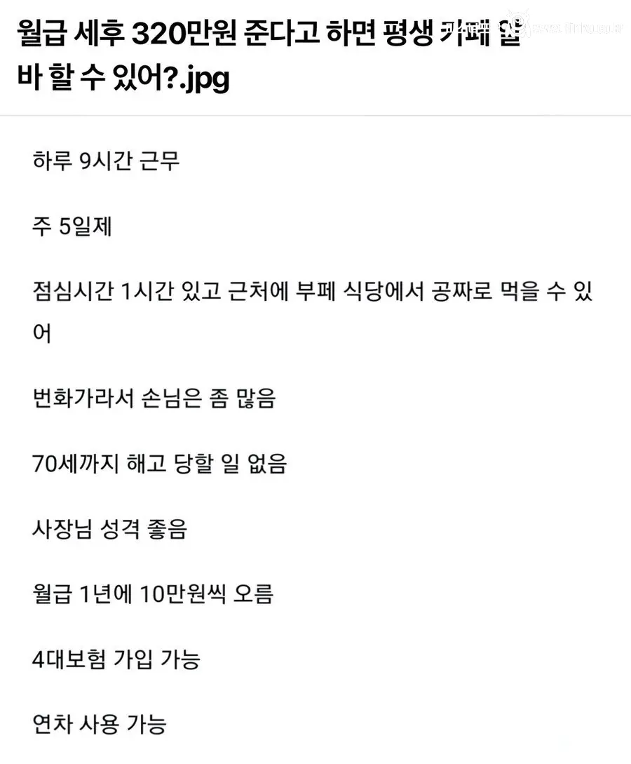 월급 세후 320 준다고 하면 평생 카페 알바 할 수 있어?