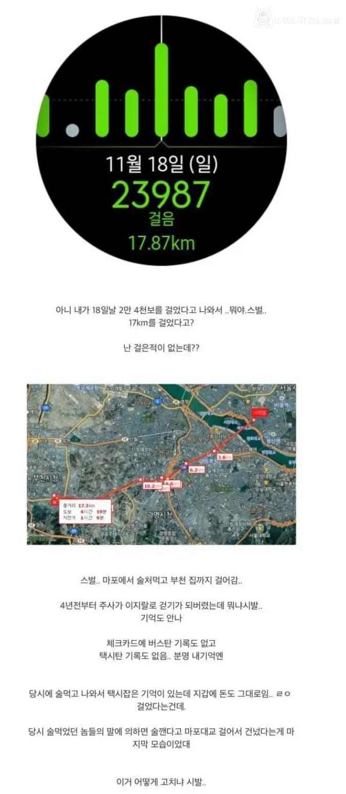 술먹고 17km를 걸은 사람