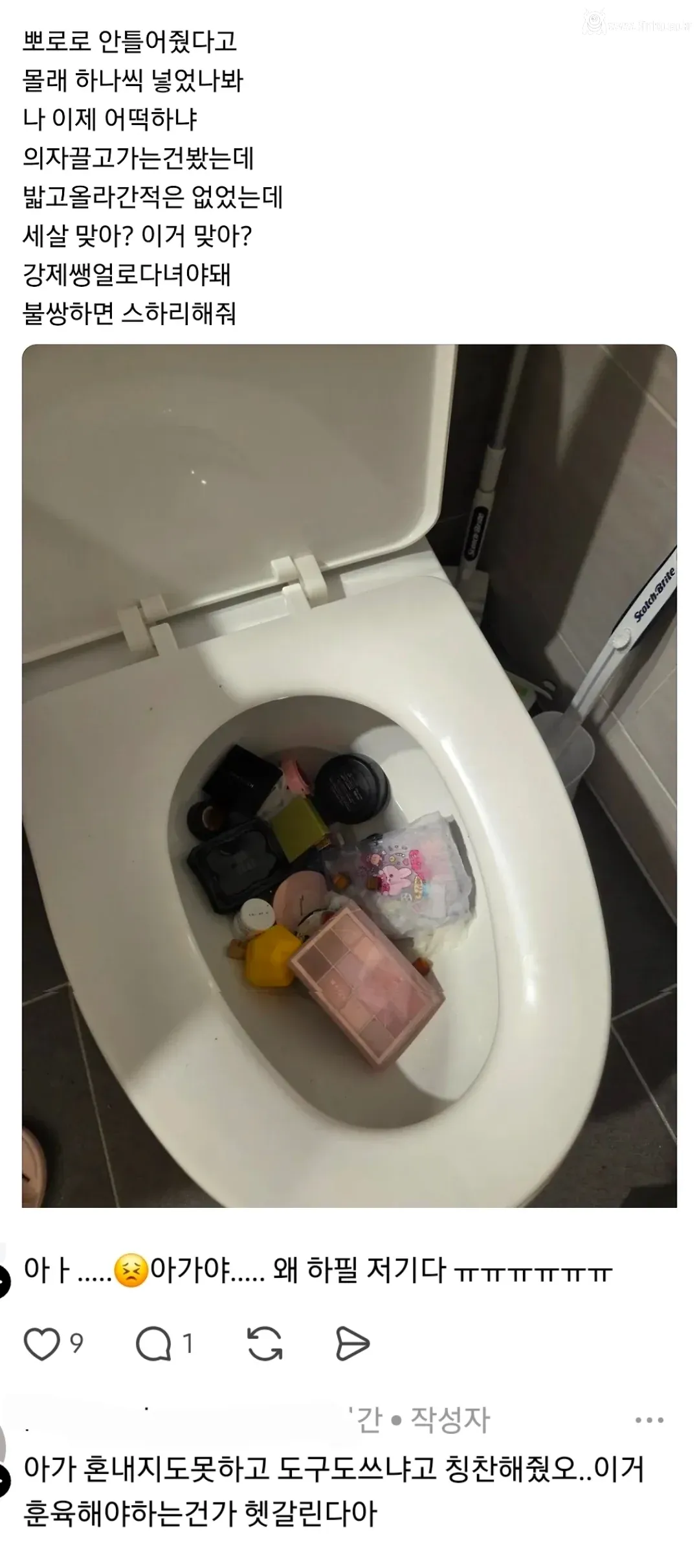 애가 변기에 화장품 넣어서 칭찬해줬어