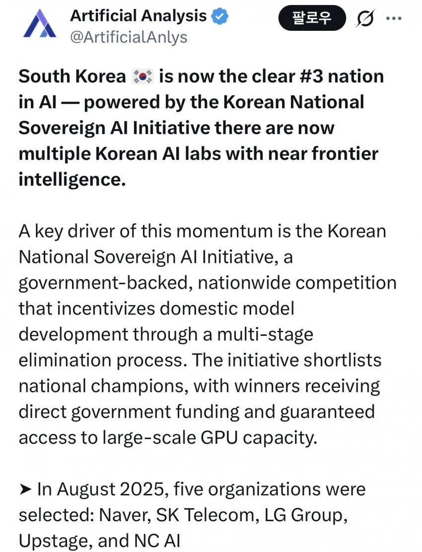 세계 AI 순위에서 한국이 명백한 3위에 오름