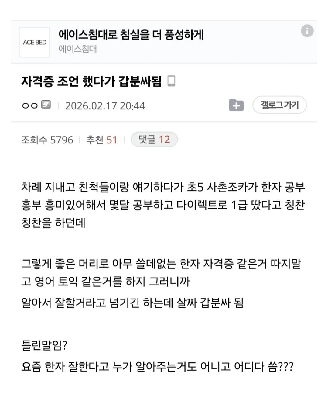 한자 1급 자격증 딴 사촌 조카에게 조언했다가 갑분싸
