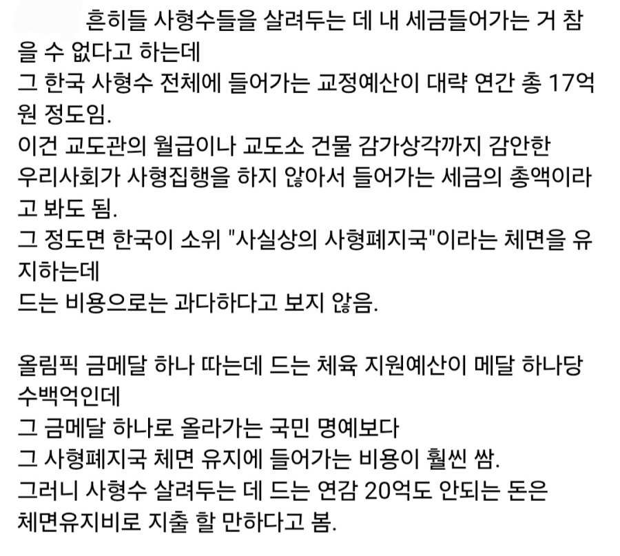 매년 사형수 먹여 살리는거에 들어가는 비용